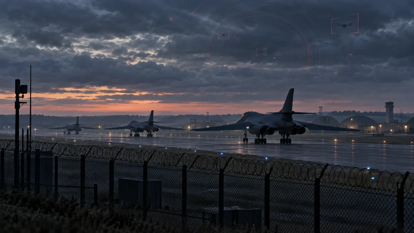 KI-generiertes Symbolbild: unmarkierte Bomber verlassen bei Dämmerung einen gesicherten Flugplatz