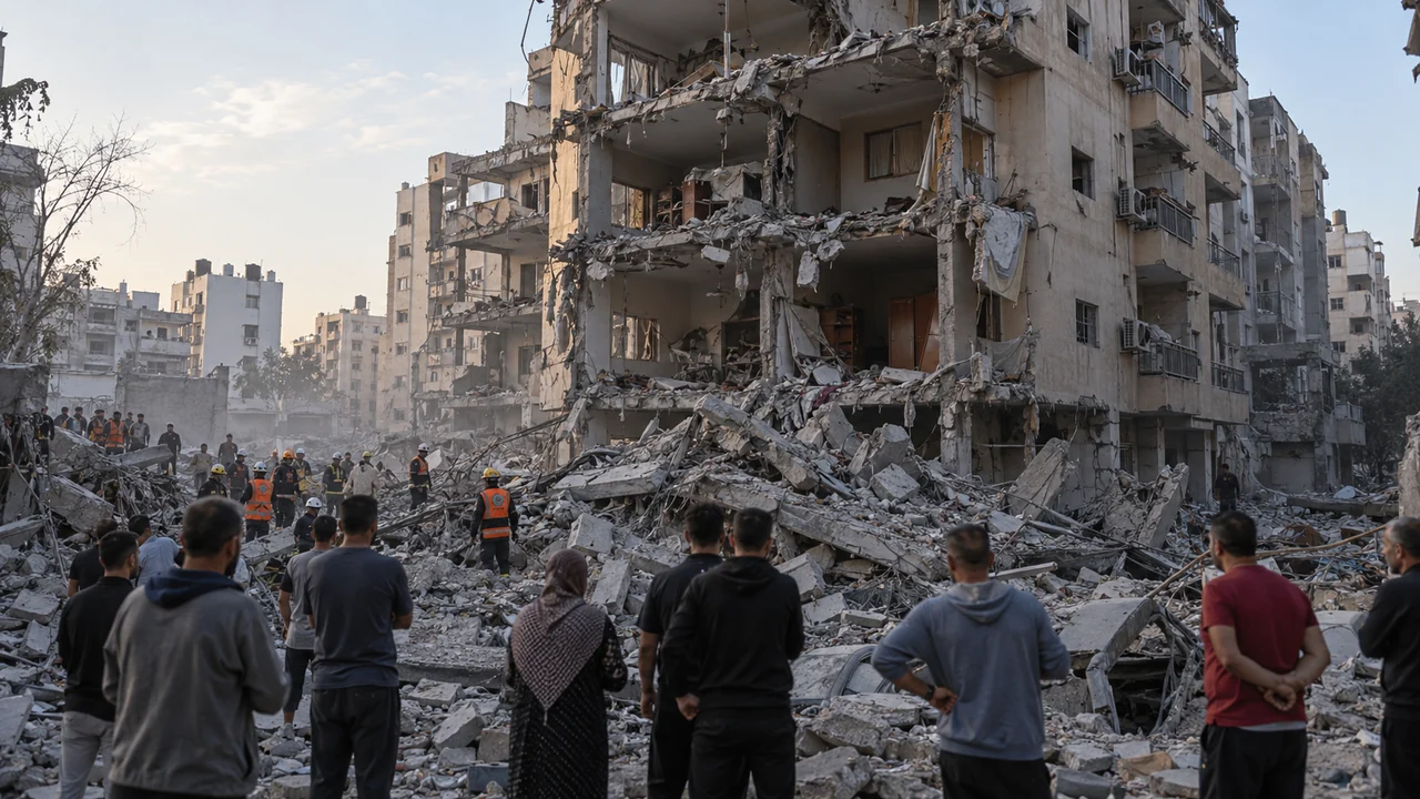 AI ilustrace poškozeného obytného domu ve městě Gaza po leteckém útoku