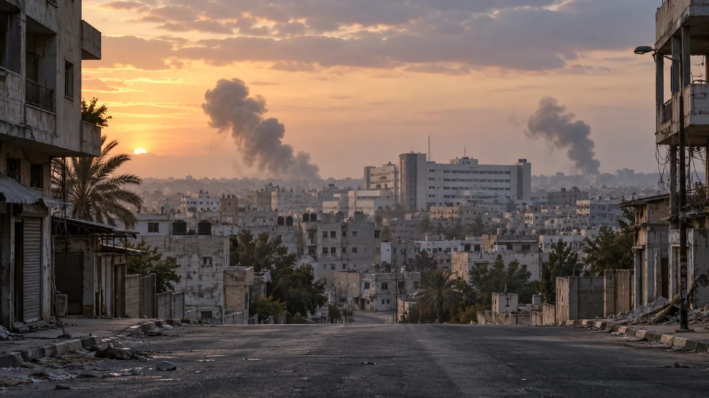 KI-generiertes Symbolbild: leere Straße in Gaza-Stadt mit entfernten Rauchsäulen bei Sonnenaufgang