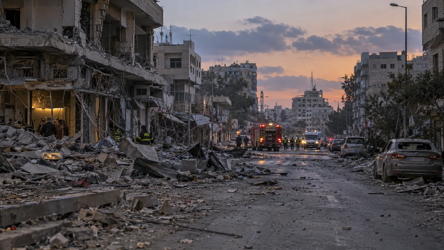 KI-generiertes Symbolbild: beschädigte Straße in Gaza-Stadt nach getrennten Luftangriffen