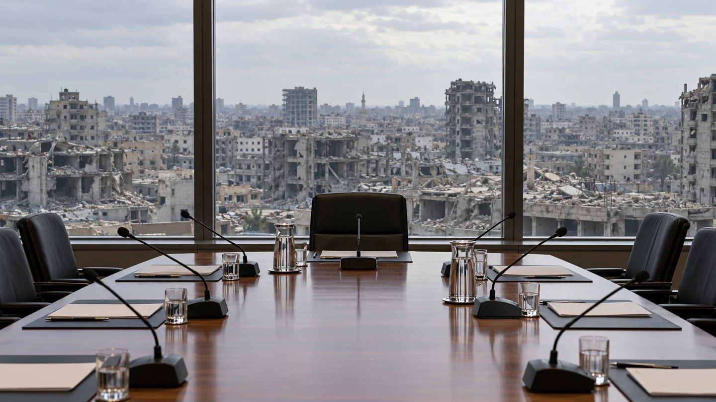 Ilustração de IA de uma sala neutra de inquérito com vista para uma paisagem urbana de Gaza muito danificada