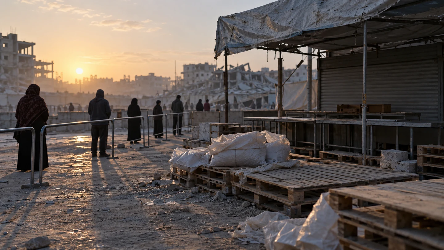KI-generiertes Symbolbild: nahezu leere Hilfsausgabe mit wartenden Zivilpersonen in Gaza