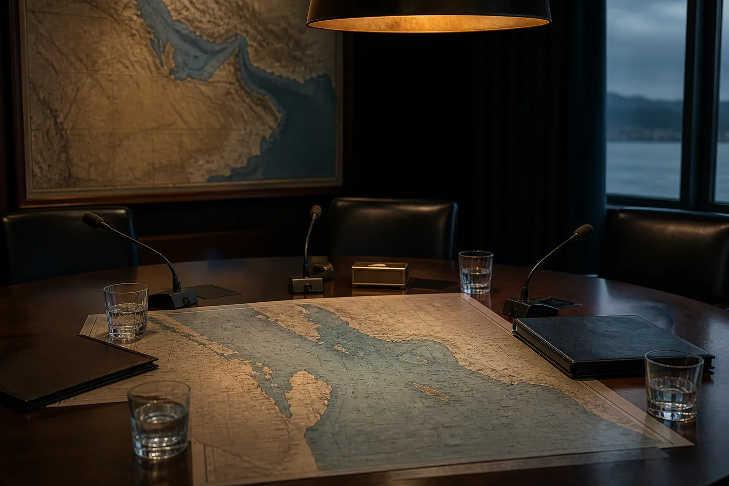 Ilustrační snímek: strategický stůl s mapou Perského zálivu k rozporným verzím incidentu s čluny.