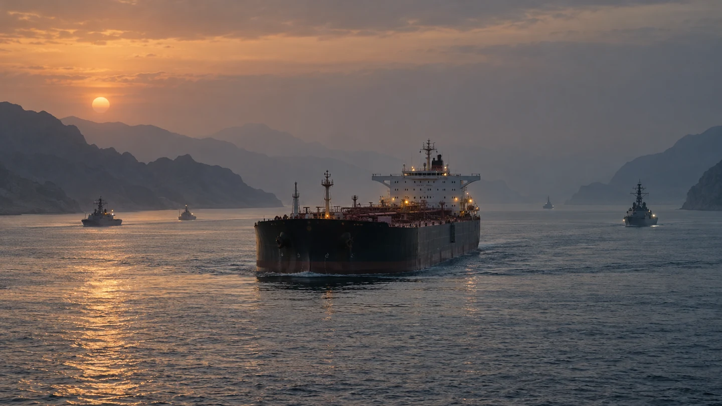 KI-generiertes Symbolbild: Öltanker mit entfernter Marinebegleitung in der Straße von Hormus