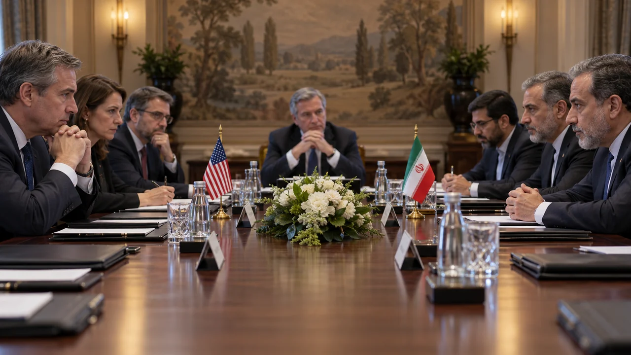 Ilustración de IA de conversaciones estancadas entre Estados Unidos e Irán