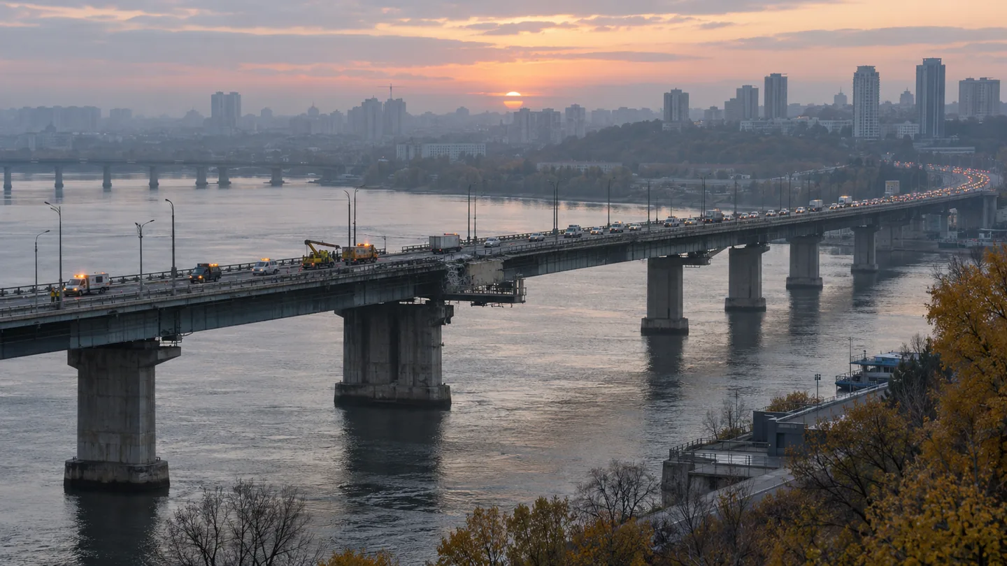 KI-erstelltes Symbolbild: kontrollierte Dnipro-Brücke in Kyiv nach Drohnenangriffen