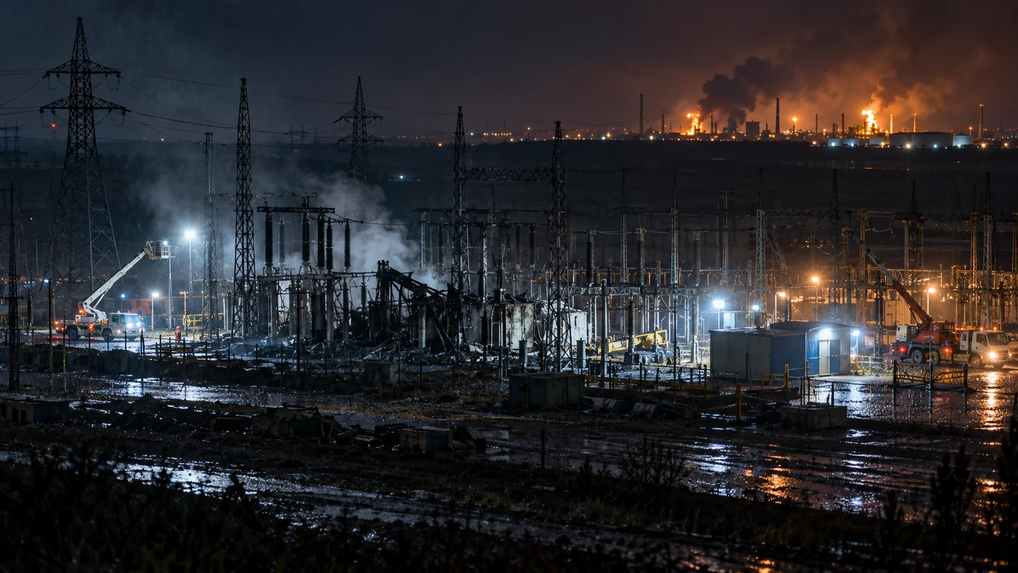 KI-generiertes Symbolbild: beschädigte Umspannanlage mit Reparaturteams und brennendem Industriehorizont