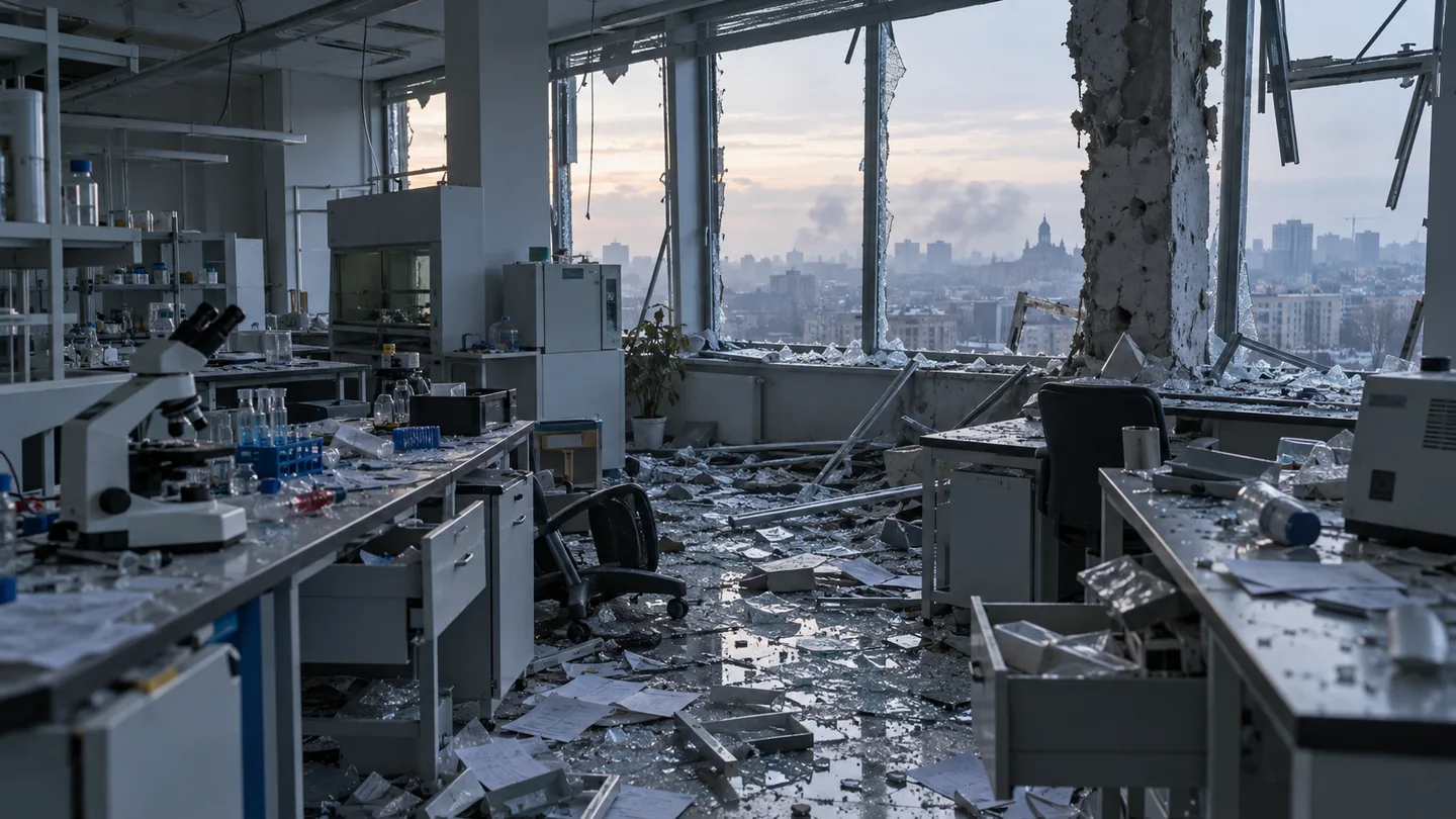 AI-generated symbolic image: damaged research laboratory in Kyiv after a drone attack